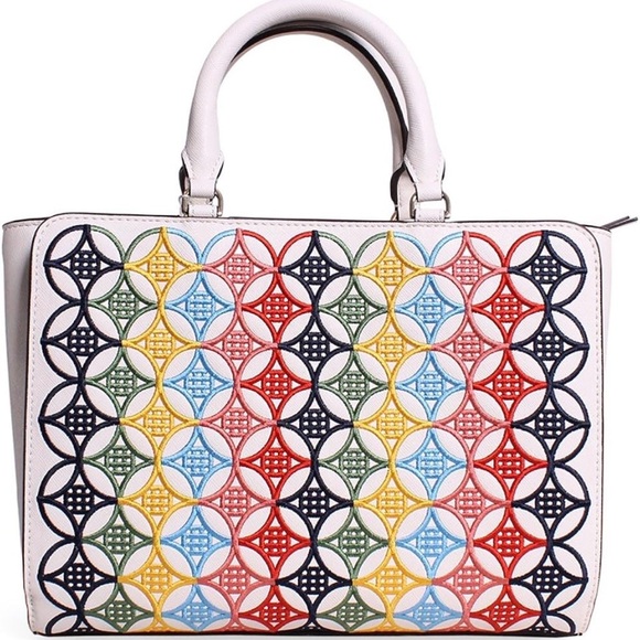 Tory Burch Robinson embroidered small zip tote bag ivory saffiano leather - Picture 2 of 10